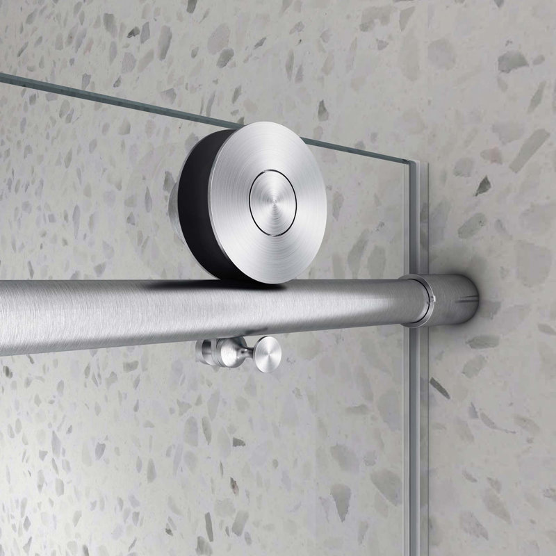 Grande porte de douche fixe et décalée en nickel brossé sans cadre, grandes poulies en acier inoxydable avec fonction de fermeture en douceur réglable
