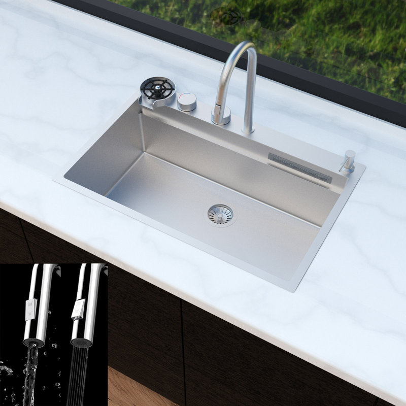 Évier de cuisine encastré circulaire 33 po x 22 po, évier de cuisine cascade avec robinet, évier simple en acier inoxydable avec station de travail moderne, 33 po x 22 po x 10 po, argent brossé