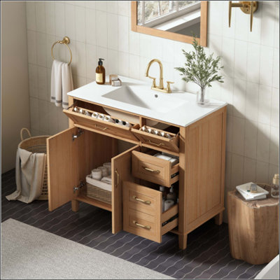 Bathroom Vanity With Ceramic Sink, Modern Vanity, Solid Rubberwood Legs, Soft-Close Double Doors & 4 Drawers(faucet not included)