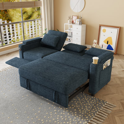 Modern 83'' Convertible Sleeper Sofa with Pull Out Bed, Electric Footrest, Chenille Couch Bed with USB Ports, Adjustable Backrest, Side Table & Storage Arms, Blue
