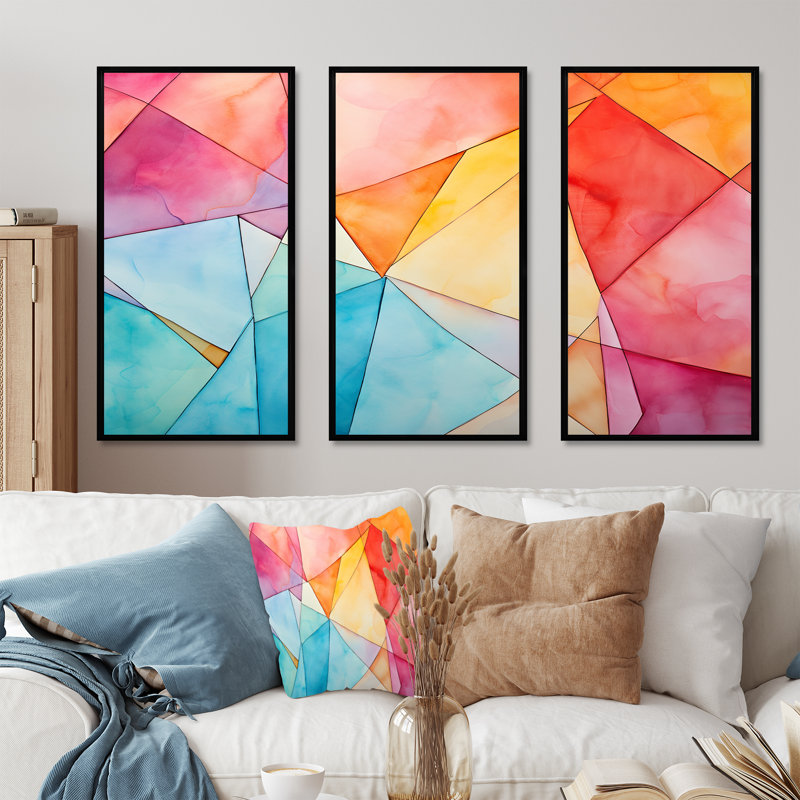 «Pastel Color Geometric Ink Explosion I», art mural géométrique, H 28 po x l 36 po x P 1 po, Cadre flottant noir