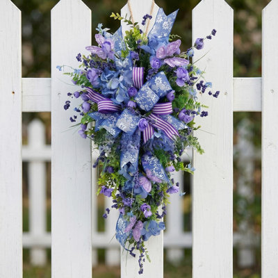 19.6" Purple Hydrangea Teardrop Swag With Butterfly Accents And Elegant Bows