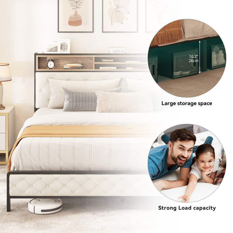 Noise-Reducing Upholstered Storage Bed with Built-In Charging Station, King