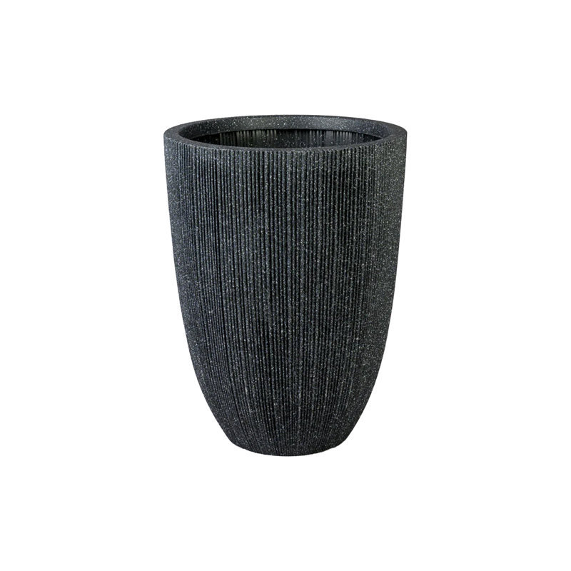  Grand pot de fleurs noir nervuré, pot d'intérieur avec finition texturée, aspect pierre de PVC léger pour décoration moderne de maison et de bureau, diamètre de 14,5 po et hauteur de 19 po
