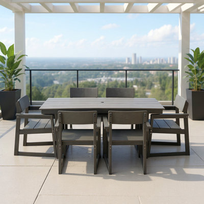 7-Piece HDPE Outdoor Dining Set For 6 – Weather-Resistant Patio Table With Umbrella Hole And 6 Armrest   Chairs, Durable Garden Furniture