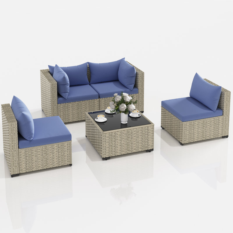 5 Pieces Rattan Patio Conversation Sets With Cushions, Haze Blue