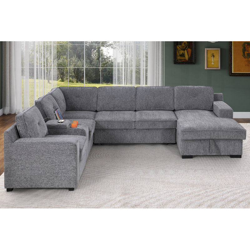 Sleeper Sectional Tufted Sofa Bed With Storage Chaise, Light Gray Chenile