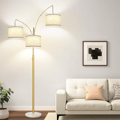 Lampe sur pied à intensité variable, lampadaire arqué brun à 3 lumières, lampadaire moderne en forme d'arbre, ampoules DEL 3000 lm, éclairage puissant pour salon, chambre, bureau et lecture, abat-jour blanc doré et base en marbre