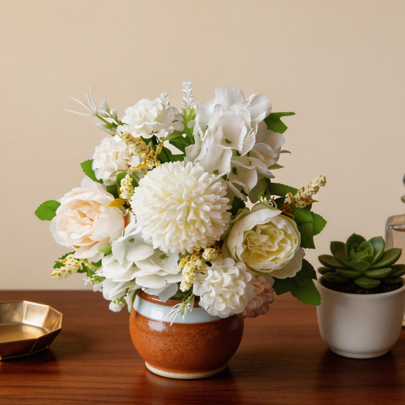 Ensemble de 7 bouquets de pivoines artificielles 7 têtes multicolores, Blanc