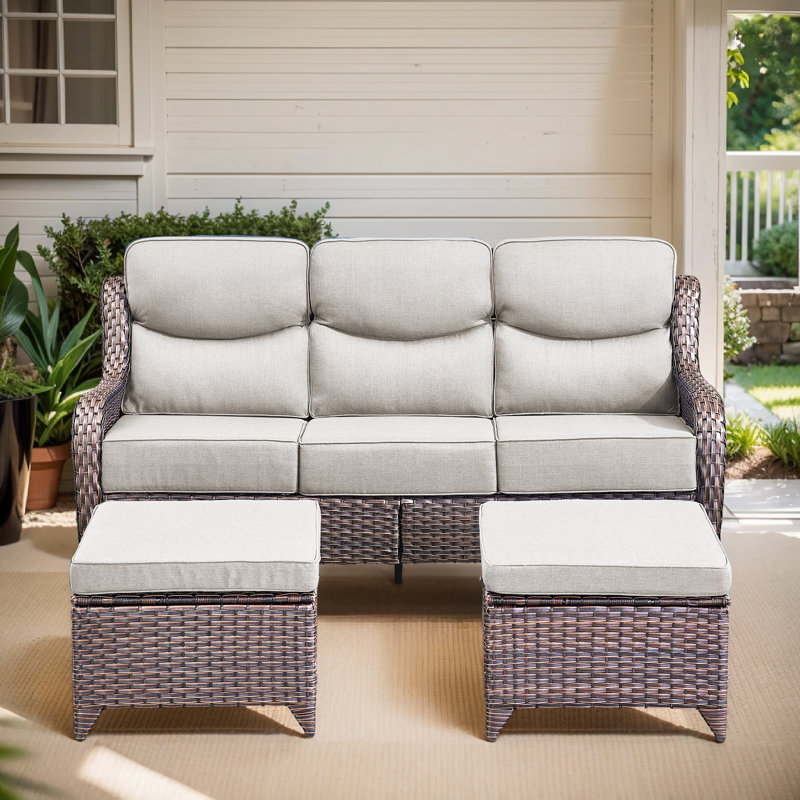 Deb 70.9" W Wicker Sofa with 6" D Cushions and Ottomans, Beige, Brown