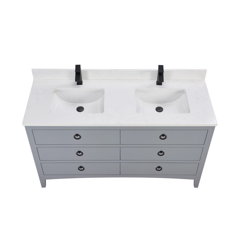 60" Solid Wood Sink Vanity With 1" Artificial Stone Top, Cadet, Black