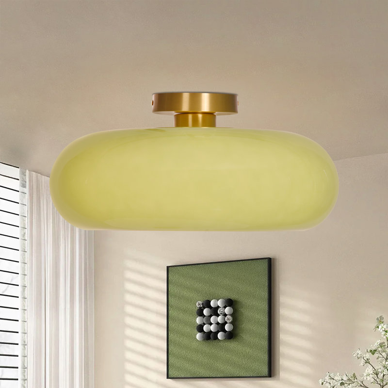 Mid-century Modern Beige Semi Flush Mount Ceiling Light, 7.28" H x 15.75" W x 15.75" D
