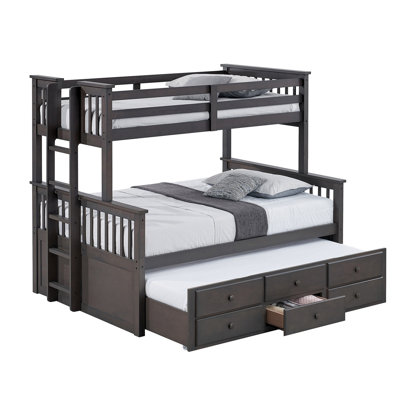 Veran Twin Over Full Bunk Bed, Trundle And 3 Drawers, Solid Wood