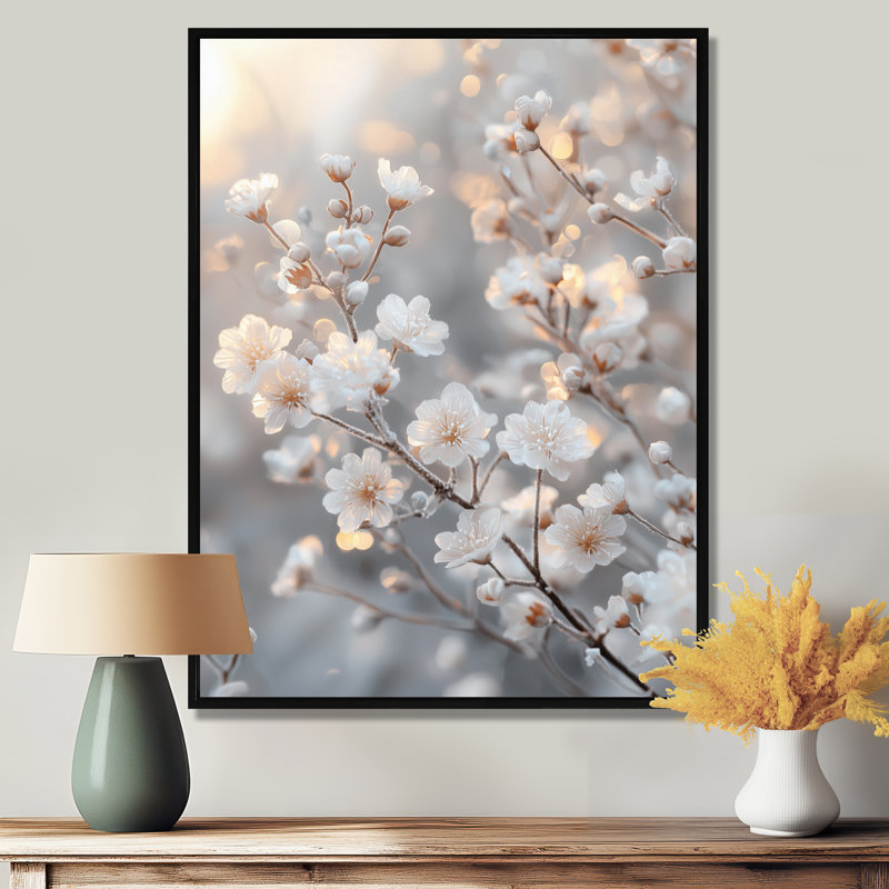 «White Cherry Blossom Misty Morning» - Art mural fleur de cerisier, H 20 po x l 12 po, Impression encadrée flottante, Noir