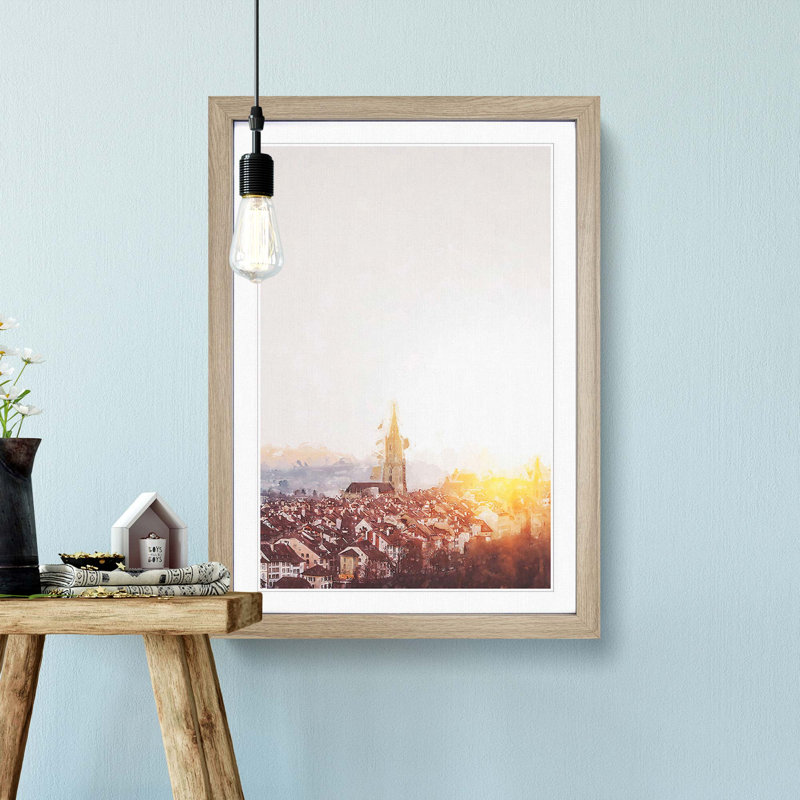 Sunset in Bern Switzerland in Abstract - Picture Frame Graphic Art Print, 65cm H x 48cm W x 2cm D, Oak Framed