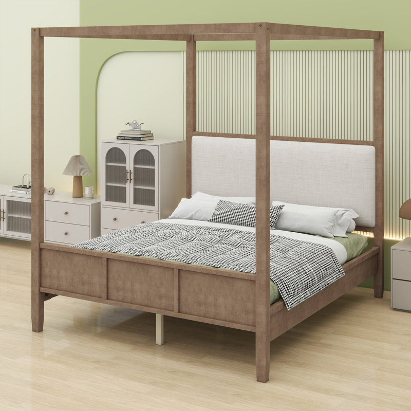 Lit à baldaquin en bois classique avec tête de lit rembourrée et plateforme, Natural Walnut