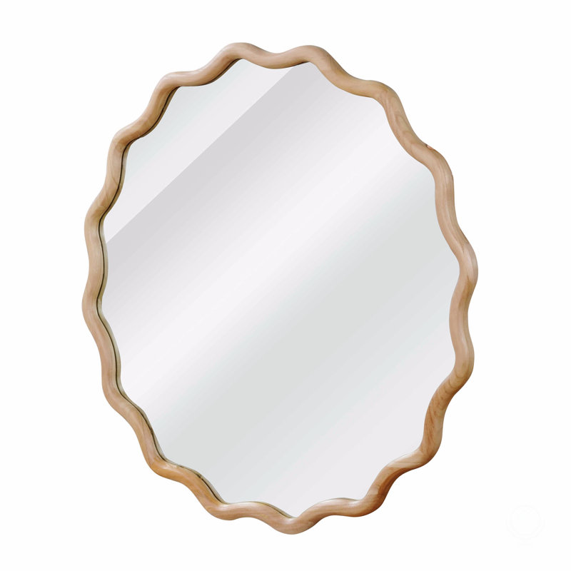 Wavy Round Solid Wood Frame Decorative Mirror, Light Brown, 30" x 30"