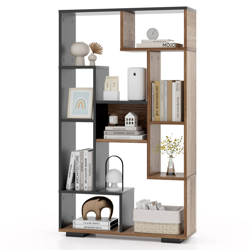 47'' H X 27.5'' W Geometric Bookshelf 47-Inch Bookcase w/ Multiple Open Shelves Anti-Tipping Devices, Black/Brown