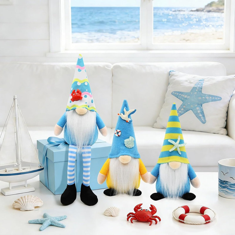 3 décorations de gnome d'été, décor de table nautique de bord de mer à thème de plage pour la maison, le bureau, une tablette, un manteau de cheminée, un rebord de fenêtre