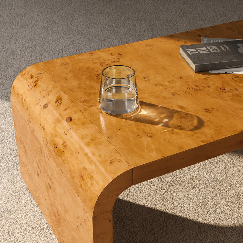 Kievie 48" W Burl Wood Coffee Table – Handcrafted Elegance with Sleek Curves, Natural Wood