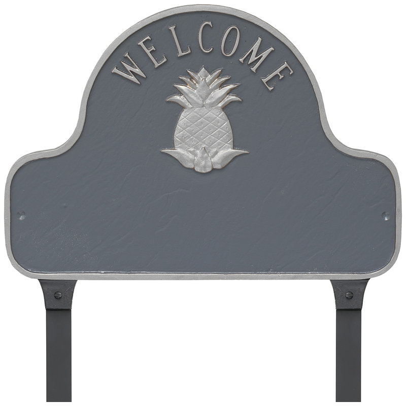 Pineapple Welcome Arch Address Sign Plaque with Lawn Stakes, White/Gold, Yes