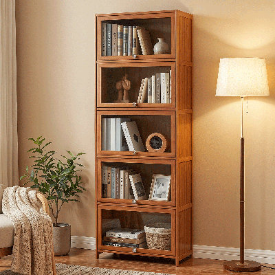 67.5" H x 23" W 5-Tier Bamboo Bookshelf with Flip-up Acrylic Doors, Freestanding Display Bookcase Storage Organizer