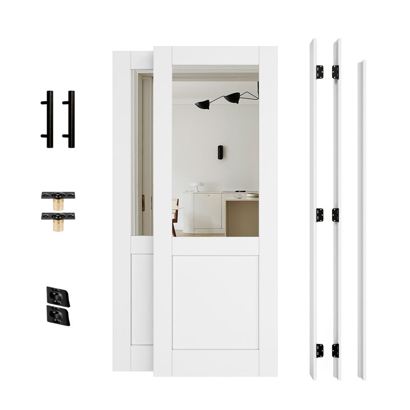 Porte française intérieure de 48 po x 80 po, portes de miroir de qualité supérieure avec demi-Lite, loquets à bille complets et charnières et poignées noires, apprêtée en blanc et parfaite pour la porte de chambre à coucher, porte fermée, couloir, porte de salon, porte de garde-manger Et porte de salle de bain