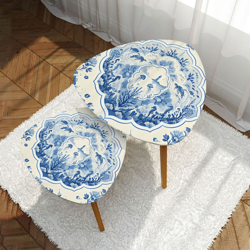 Triangle Nesting Coffee Table Set of 2 Vintage Blue White Underwater Marine Lighthouse End Table Modern Minimalist Side Table Set for Living Room Bedroom