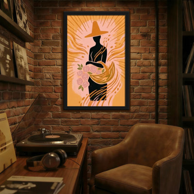 Plants & Flowers Silhouette Woman Hat Flowers Orange Background Artwork