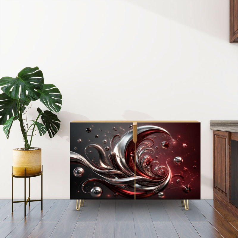 Buffet Buffet avec rangement à tourbillons métalliques abstraits sphères argent rouge avec 2 portes pour le salon et la cuisine