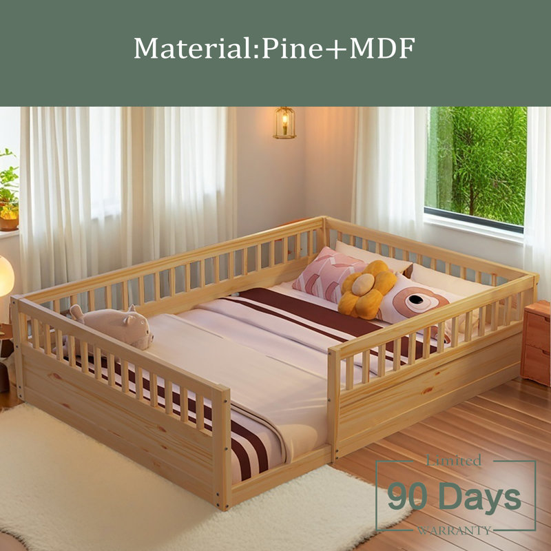 Structure de lit au sol avec clôture, structure en bois pour enfants pour la salle de jeux, Lit double, Naturel