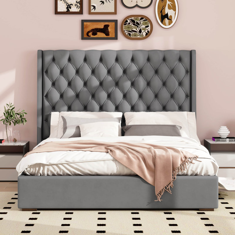 Upholstered Bed Frame With 67.5" Tall Headboard Wingback Platform Bed Tufted Deep Button Velvet, King