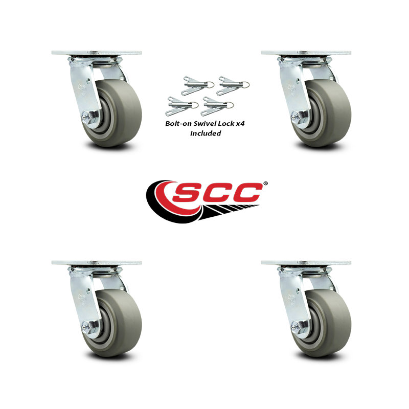 4 Inch Thermoplastic Rubber Caster Set with Roller Bearing and Swivel Lock SCC|SCC-30CS420-TPRRF-BSL-4