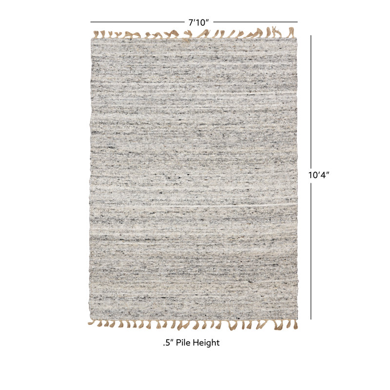 Korbin Berber Reversible Natural and Black Wool Area Rug with Jute Core and Jute Fringe, Rectangle 5'3" x 7'6"
