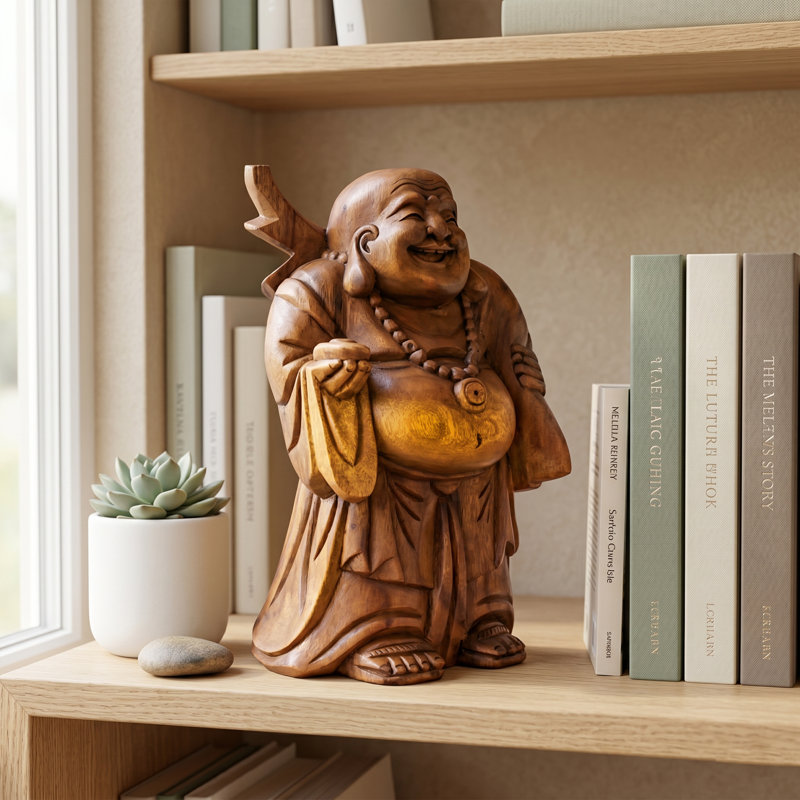 Statue de Bouddha heureux en bois Menaal, H 12 po x l 4 po x P 6 po