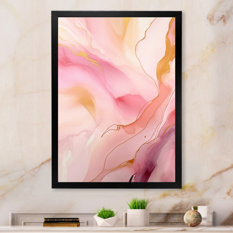 «Pink and Gold Enchanted Spills VI», reproduction sur toile abstraite, H 32 po x l 24 po x P 1 po, Cadre simple noir