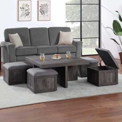 Table basse rustique en bois Moseberg 38 po avec tabourets de rangement