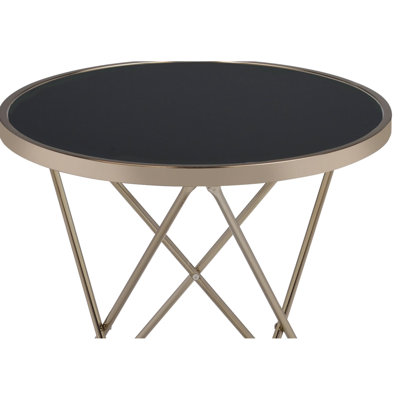 Table de bout ronde en verre noir avec base en métal au fini champagne, style Mid-Century, l 22 po x P 22 po, H 22 po, plateau d'accessoires de salon, conception, largeur de 22 po, profondeur et hauteur, pièce de décoration