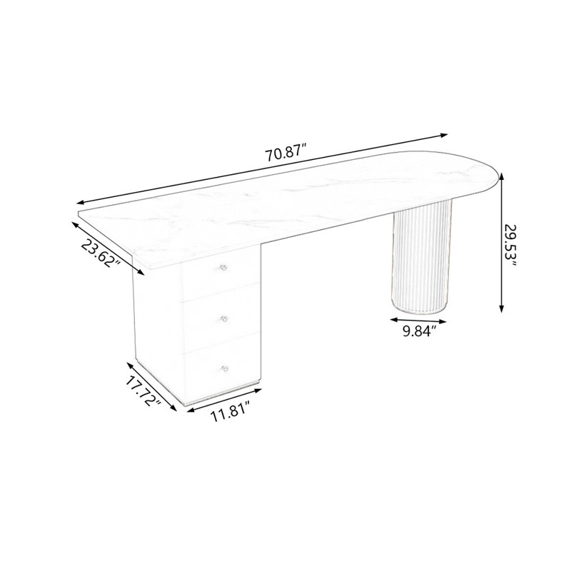 Bureau en bois manufacturé courbé orange avec 3 tiroirs, H 29,53 po x l 70,87 po x P 23,62 po, Blanc