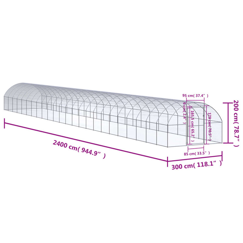 Cage à poulet résistante aux intempéries, Argent, H 78,7 po x l 118,1 po x L 944,9 po