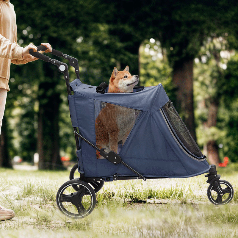 Foldable Pet Stroller for Small & Medium Dogs and Cats 3-Wheel Dog Stroller with 9 Angles Adjustable Handlebar , Blue