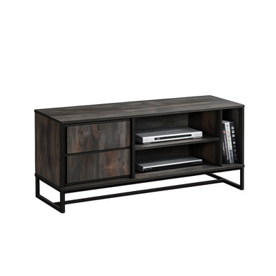 Meuble télé de style Mid-Century Modern de 47 pouces (119 cm) en faux bois, 2 niveaux, 1 tablette, 1 placard, gris rustique