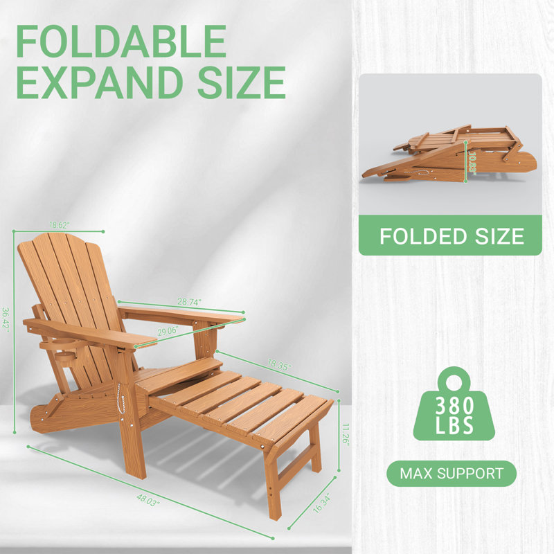 Outdoor HDPE Reclining Adirondack Chair with Retractable Ottoman and Cup Holder, Teak
