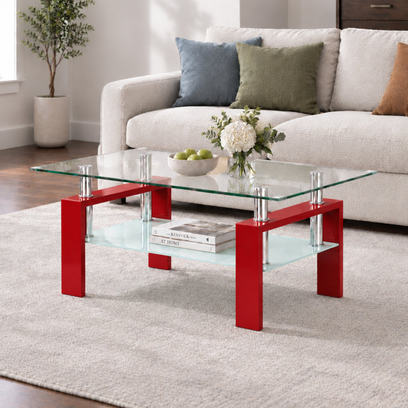 Table basse moderne en verre de 94,4 cm (37,2 po), plateau en verre trempé épais, rangement à 2 niveaux et structure en métal