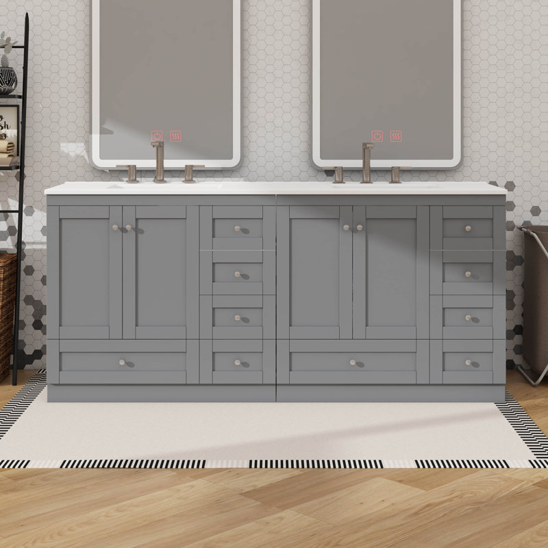 Armoire de meuble-lavabo autoportante de style shaker de 72 pouces avec lavabo en céramique, tiroirs à fermeture en douceur et portes à fermeture en douceur