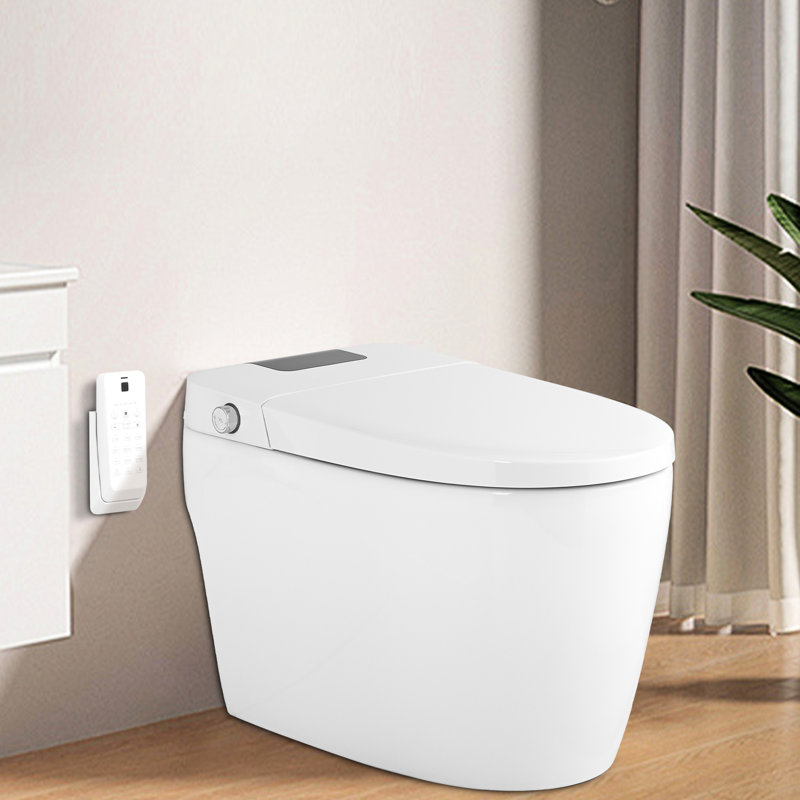 Toilette blanche intelligente avec buse autonettoyante, siège chauffant, affichage à DEL, fonction de chasse d'eau à bouton latéral