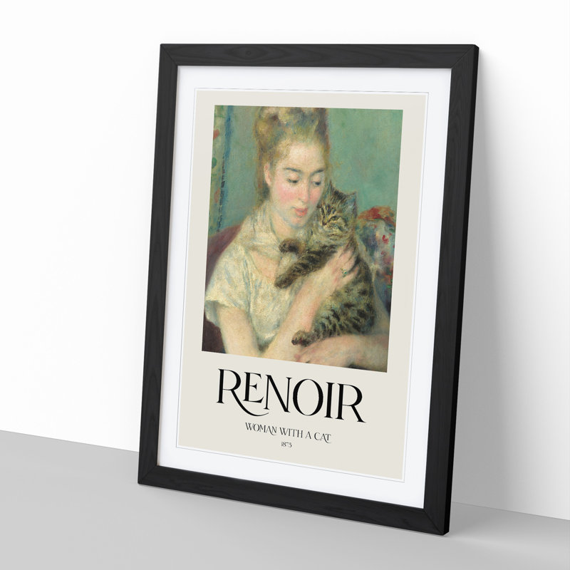 Woman with a Cat Print by Pierre-Auguste Renoir - Picture Frame Painting, 48cm H x 36cm W x 2cm D, Black