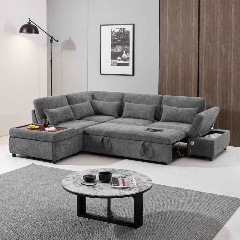Canapé-lit en L 107 po en forme de L avec charge USB, repose-pieds de rangement et accoudoirs réglables 107 po, Gris