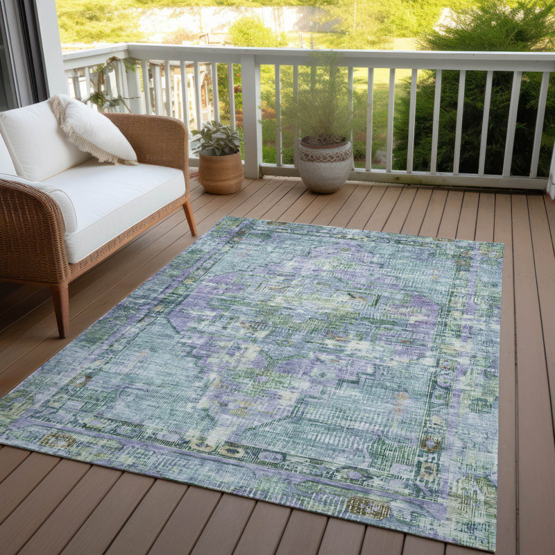 Tapis bleu sarcelle lavable à la machine intérieur / extérieur Xhevrie, Rectangulaire 3 pi x 5 pi