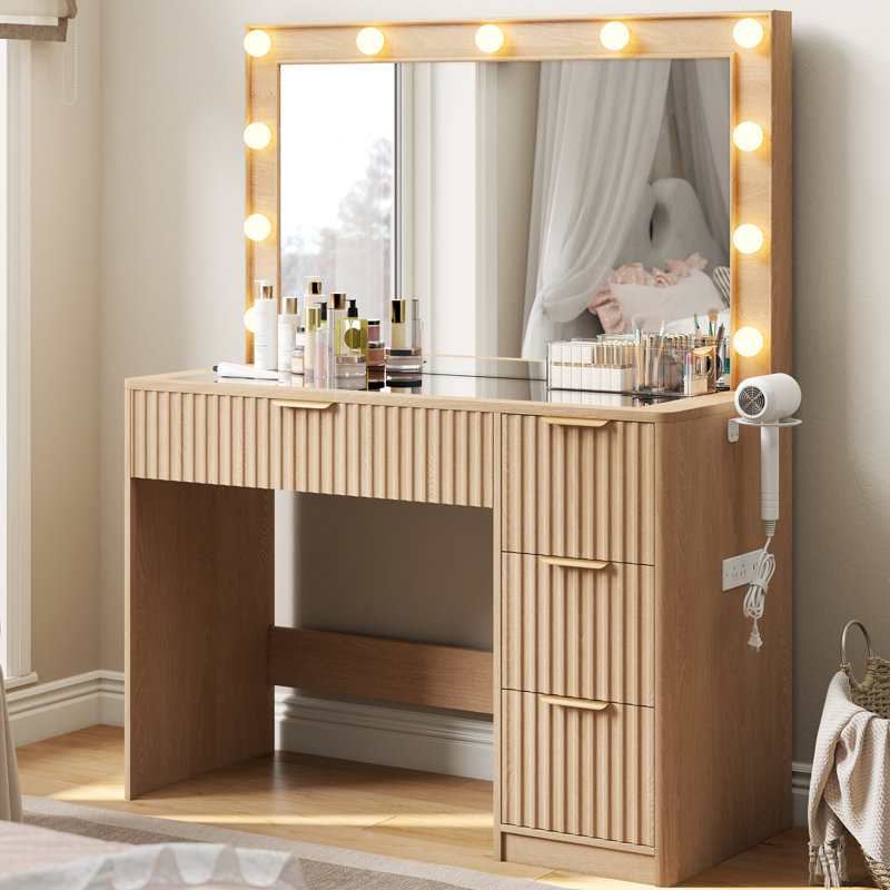 36.2" W Modern Vanity Desk With 4 Drawers, Led Lighted Mirror & Power Outlets, Natural, Natural